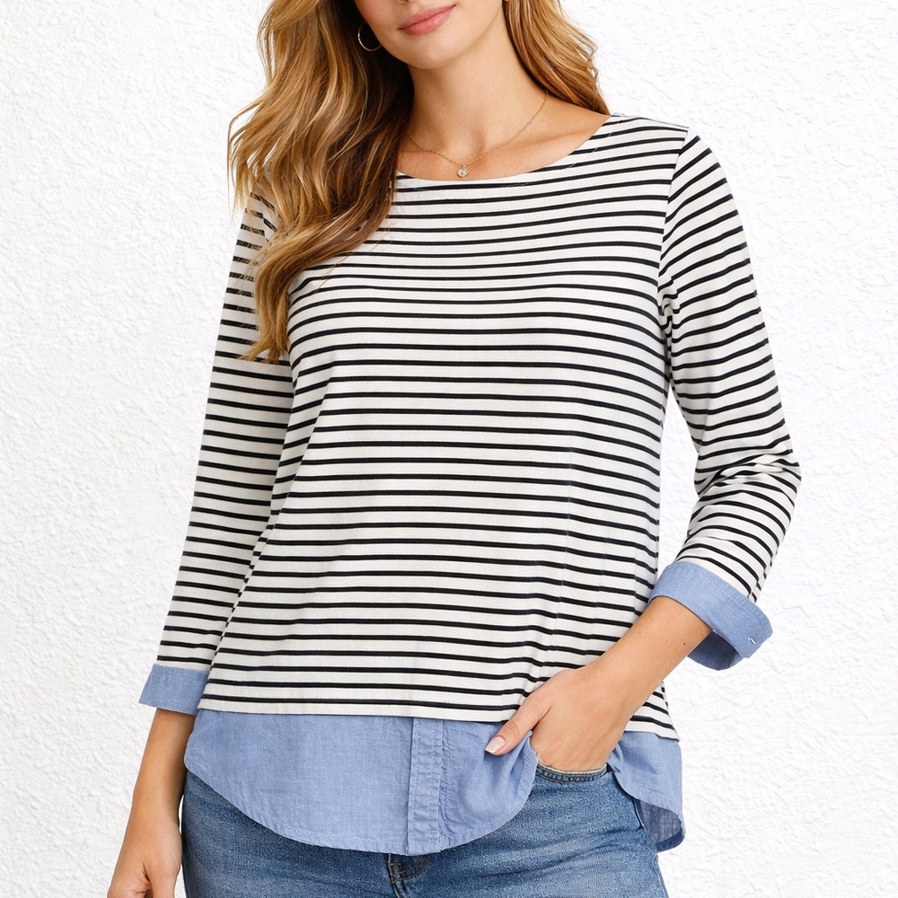 J. Crew‎ Mercantile Striped Black & White Long-Sleeve Tee with Chambray Trim M